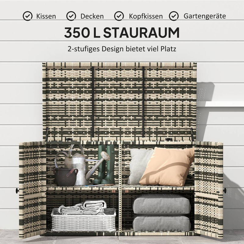 Outsunny Rattan Auflagenbox Mischgrau, 350L wetterfeste Kissenbox mit 2 Ebenen, B/T/H: 118 x 57 x 69 cm - Bild 4