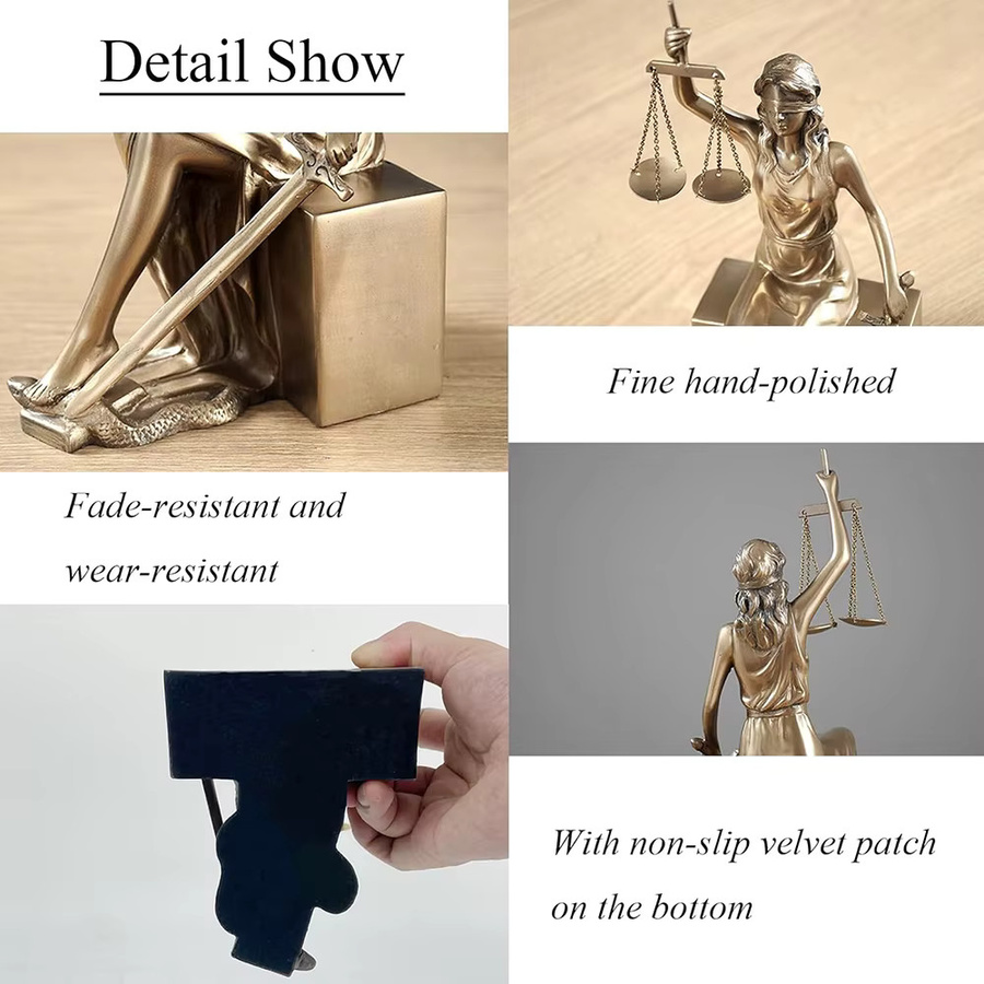 Dekorative Lady Justice Statue in Gold als Buchstütze aus Harz für dein Zuhause oder als Geschenk für Anwälte - Bild 5