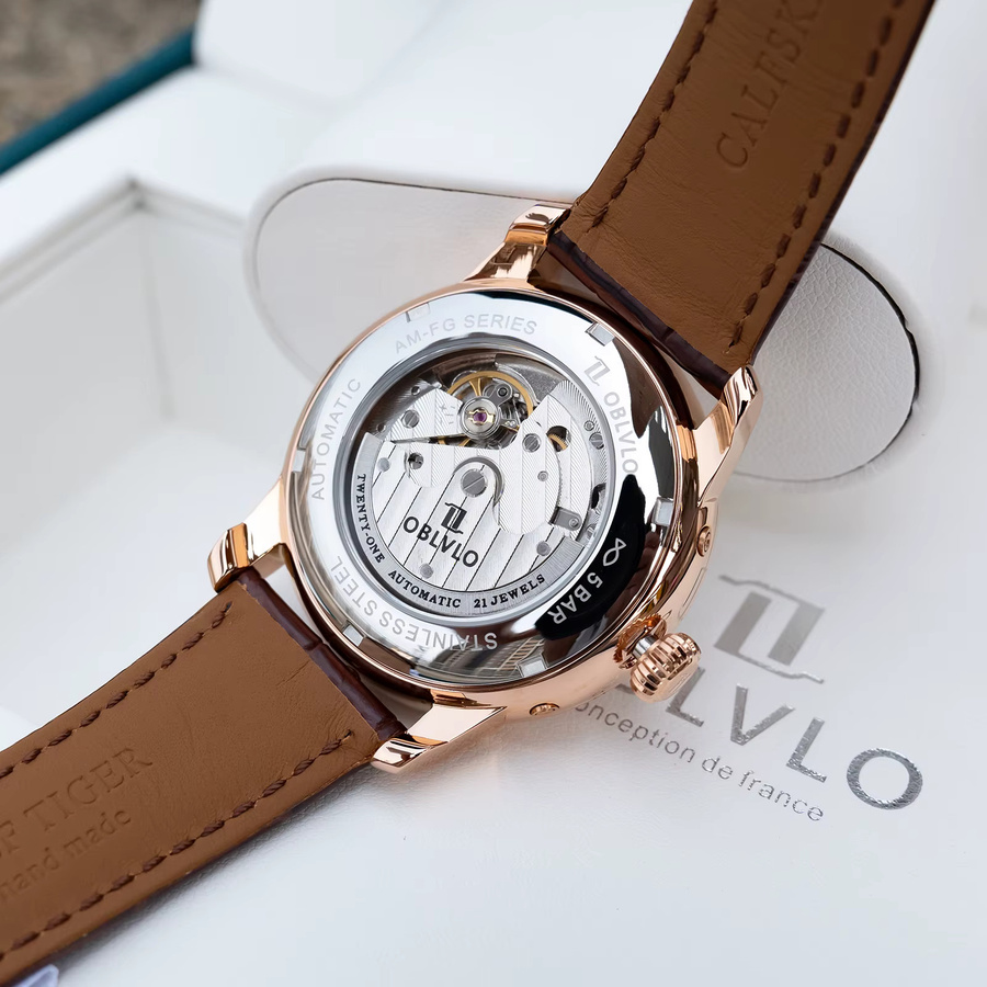OBLVLO Armbanduhr, Automatik, Sonnen- und Mond-Stern-Design, Lederarmband, Unisex - Bild 5