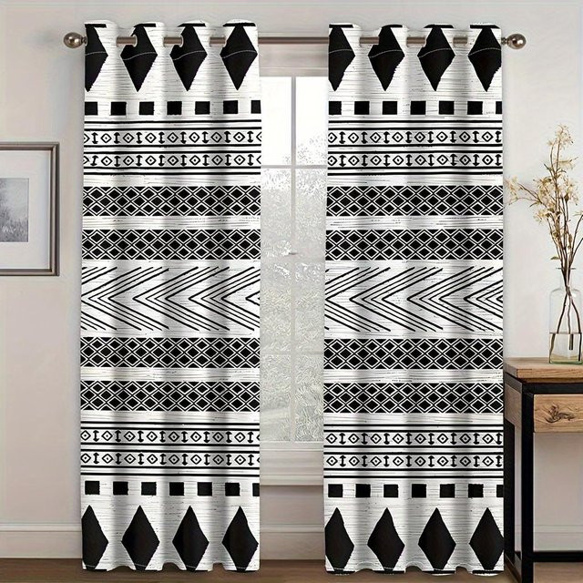 Yiran Furniture Bohemian Art Vorhänge mit traditionellem Design, 2er-Set, Schwarz, halbtransparent, B: 50 cm, H: 100 cm - Bild 1