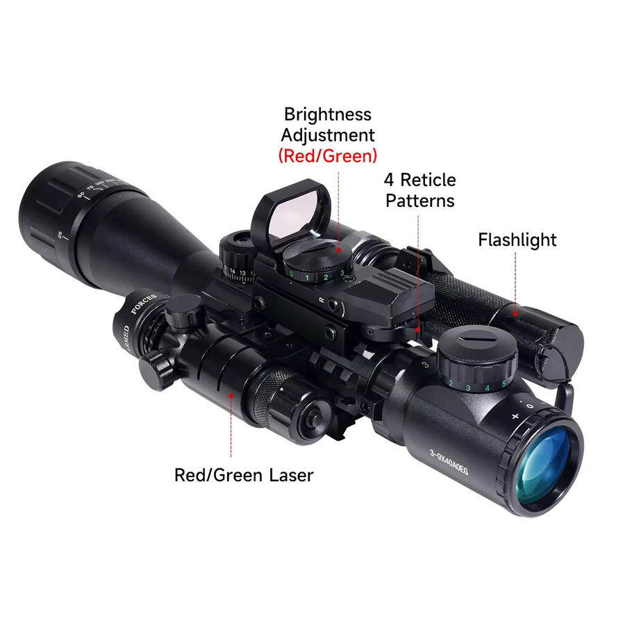 Taktisches Zielfernrohr 3-9x40 AOEG mit Rotpunkt, Taschenlampe und Laser in Schwarz für Outdoor-Jagd zur Montage auf 11mm/20mm Schienen - Bild 4