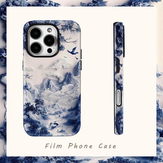 Potdemiel Handyhülle mit blau-weißer Landschaftskunst für iPhone 17, 16 und 15 mit doppellagiger Rückabdeckung - Bild 1
