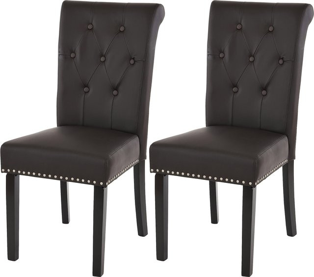 2er-Set Esszimmerstühle MCW Chesterfield Edinburgh II aus Kunstleder in Braun mit Nieten und dunklen Beinen - Bild 1