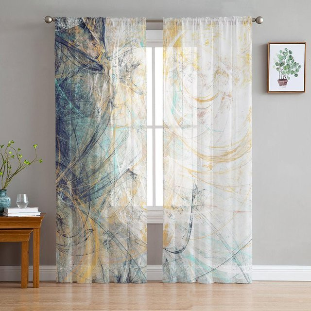 Gelber Tüll-Vorhang mit abstraktem geometrischem Design, transparenter Chiffon-Vorhang mit Ösen, Breite: 100 cm, Höhe: 250 cm - Bild 1