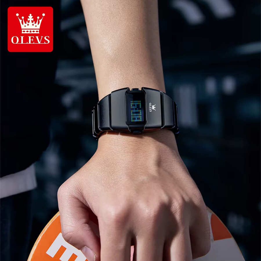 OLEVS Digitaluhr, Quarz, Tonneau, Schwarz, Edelstahl, Herren - Bild 4