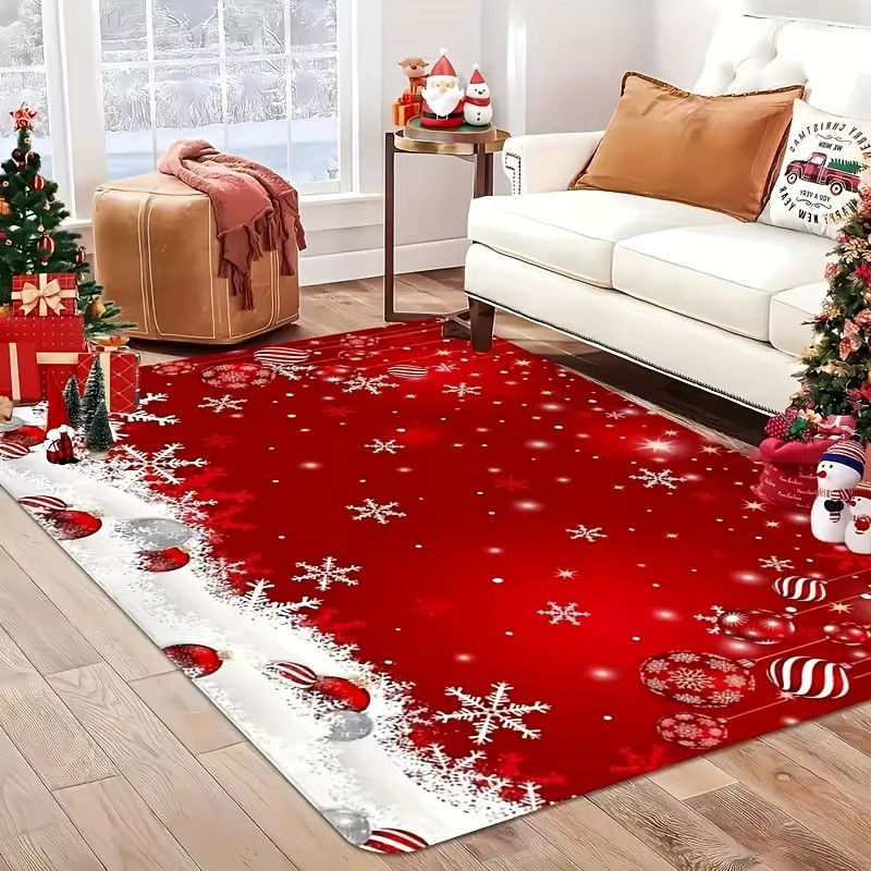VIKAMA Weihnachtsteppich mit Schneeflocken-Design in Rot für Wohnzimmer und Schlafzimmer - Bild 2
