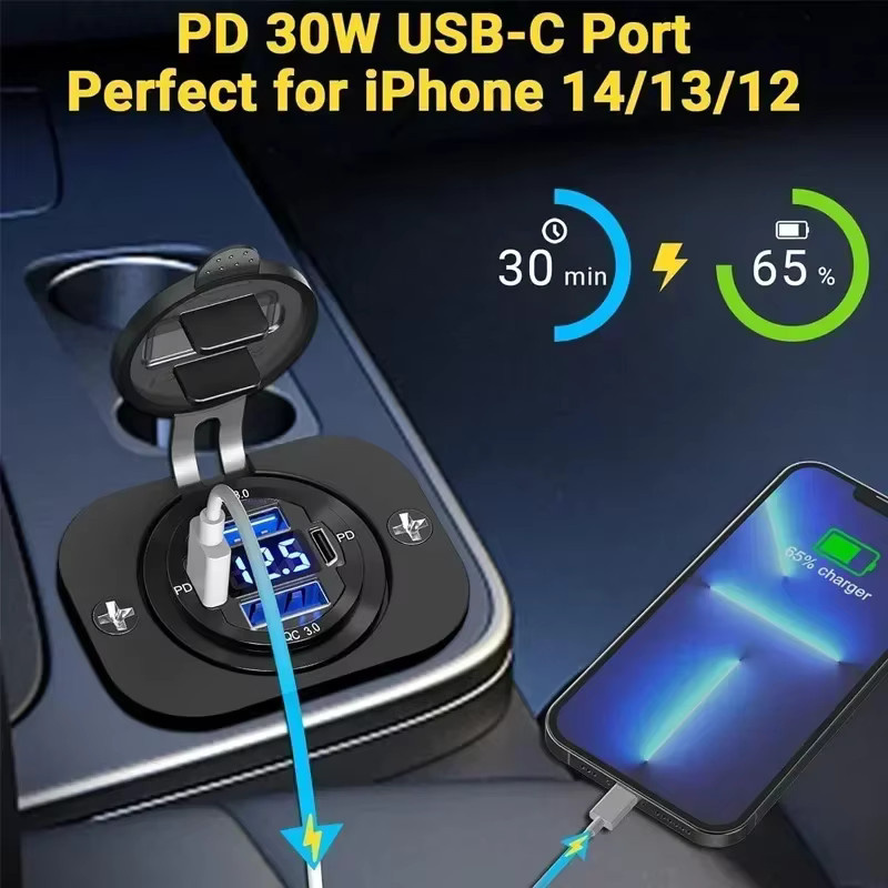 Velev 83W Dual USB Auto Ladegerät mit Dual PD und Dual QC 3.0, USB-C, Voltmeter und wasserdichter Steckdose für 12V/24V, Schwarz - Bild 3
