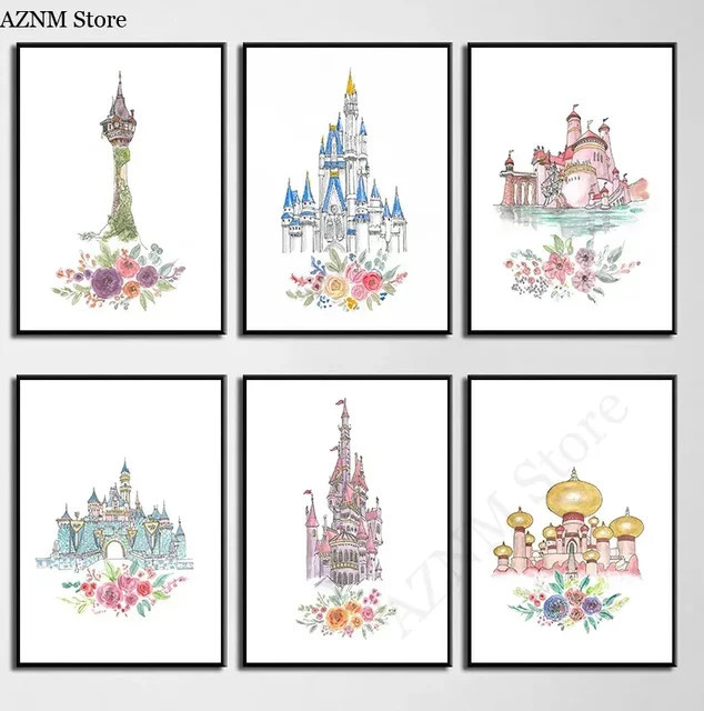 Potdemiel Aquarell Prinzessin Schloss Leinwandbild für das Kinderzimmer in Mehrfarbig - Bild 1