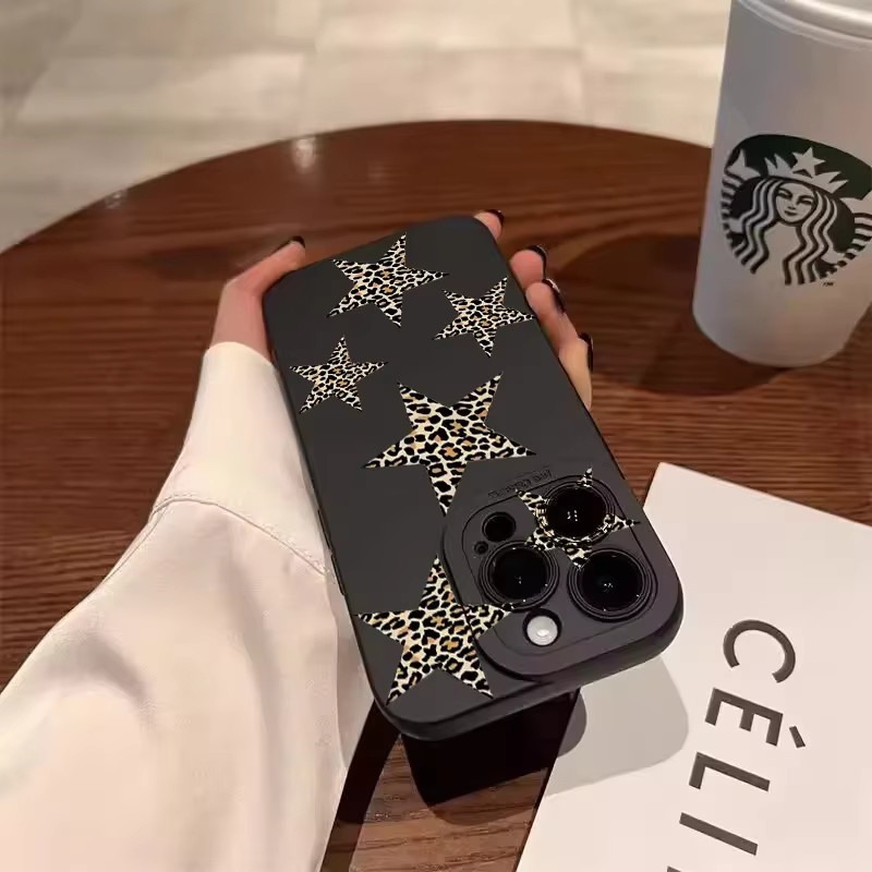 Mattierte Handyhülle mit Leoparden- und Sternenmuster für iPhone 16 15 14 13 12 11 Pro Max Plus XS X XR 7 8 in Schwarz, stoßfeste Softcover-Schutzhülle - Bild 4