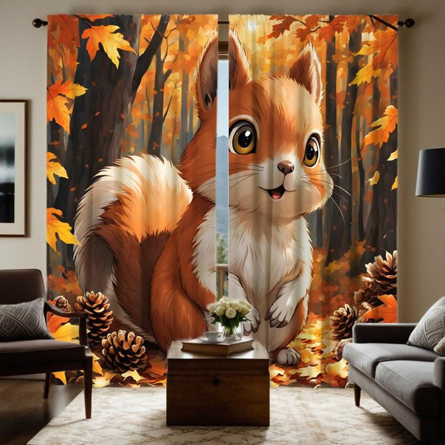 2er-Set Dekovorhang mit Ahornblatt Wald und Eichhörnchen Motiv in Gelb, halbtransparent, B: 132 cm, H: 160 cm - Bild 1