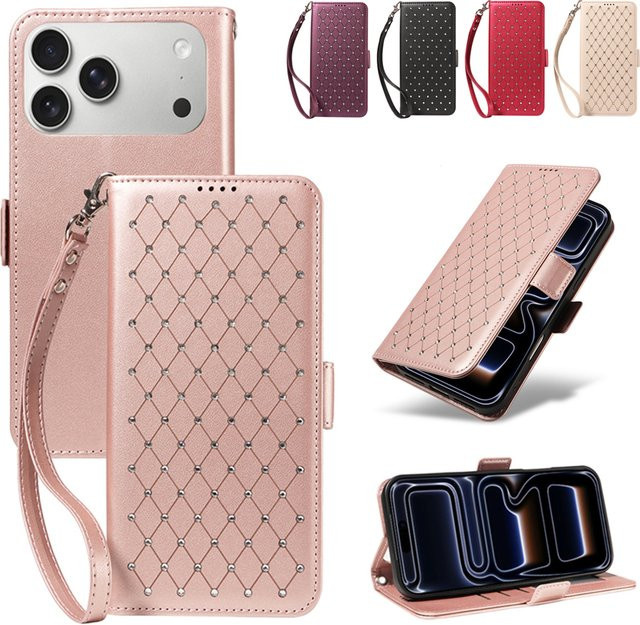 Luxuriöse magnetische Lederhülle mit künstlichen Diamanten für Apple iPhone Modelle in Schwarz und Pink - Bild 1