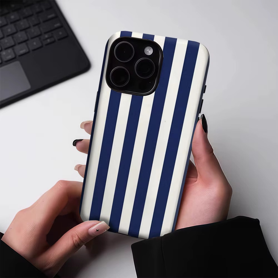 Robuste Handyhülle von Potdemiel mit marineblauen und weißen vertikalen Streifen für iPhone 17 16 15 14 13 Pro Max Plus, magnetische Doppelschicht-Schutzhülle - Bild 4