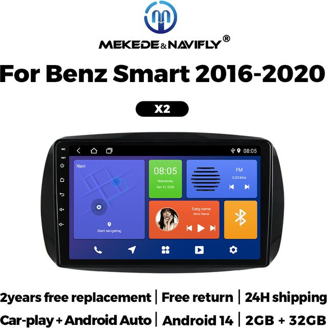 STRONGNAVI Multimedia Player mit kabellosem CarPlay und Android Auto für Mercedes Benz und Smart Fortwo 453 (2014-2020), Bluetooth, Schwarz - Bild 1