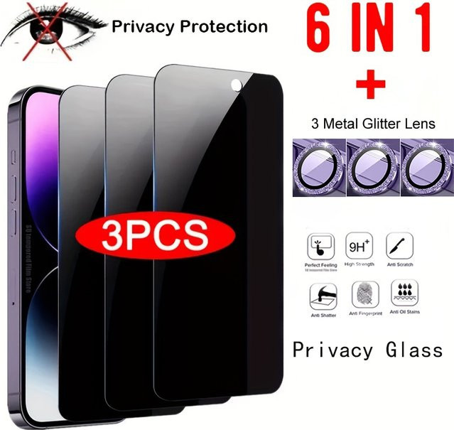 3er Set Anti-Spionage Displayschutzfolien mit 3 Glitzer-Objektivabdeckungen für Apple iPhone 11 bis iPhone 17 Pro Max in Schwarz und Silber - Bild 1