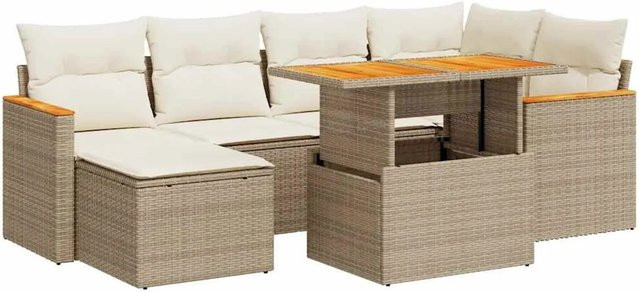 vidaXL 7-tlg Garten-Sofagarnitur in L-Form aus Polyrattan und Akazienholz mit Kissen in Beige - Bild 1