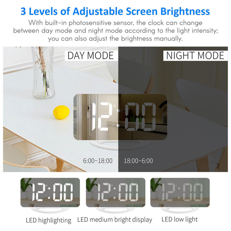 Tooarts Digitaler Spiegelwecker mit Vibrationsfunktion und Beleuchtung, Weiß, B/H/T: 15,8 x 15,8 x 1,3 cm - Bild 5