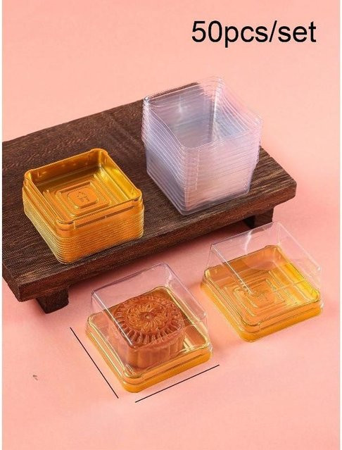 50 Stück Luxus Geschenk-Kuchenboxen von The Red Sun, quadratische Kuchenverpackungsboxen mit transparentem Deckel und stabilem Boden in Gold und Bunt - Bild 1