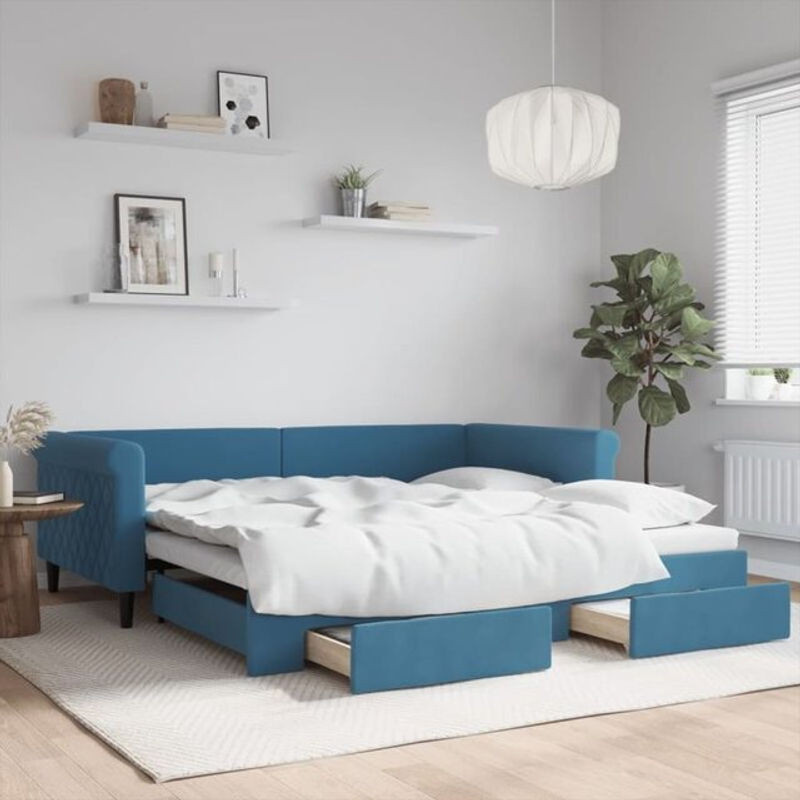 Vidaxl Funktionsbett Tagesbett aus Samt und Holz mit Schubladen in Blau B/T/H: 100 x 200 cm - Bild 1