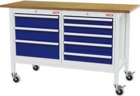 STIER Mobile Kastenwerkbank mit 8 Schubladen aus Stahl und Holz, Farben: Weiß und Blau, B/T/H: 150 x 60 x 96 cm - Bild 1