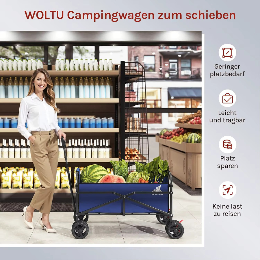 WOLTU Klappbarer Handwagen in Schwarz mit Bremsen und Doppelrädern für Garten, Camping und Outdoor - Bild 3