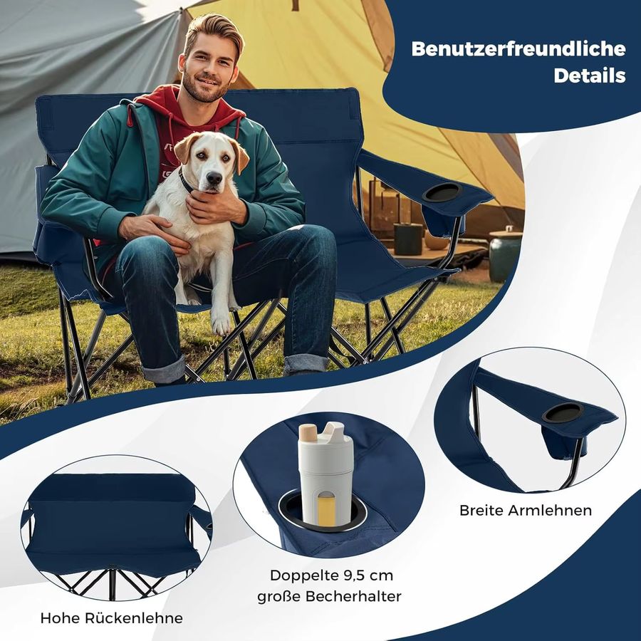 GOFLAME Campingstuhl für 2 Personen, klappbares Campingsofa mit Getränkehaltern und Armlehnen, Blau - Bild 4