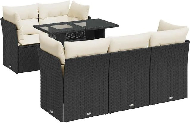 vidaXL 6-teilige Garten-Sofagarnitur in L-Form aus schwarzem Poly-Rattan mit Sitzkissen und Tisch - Bild 1