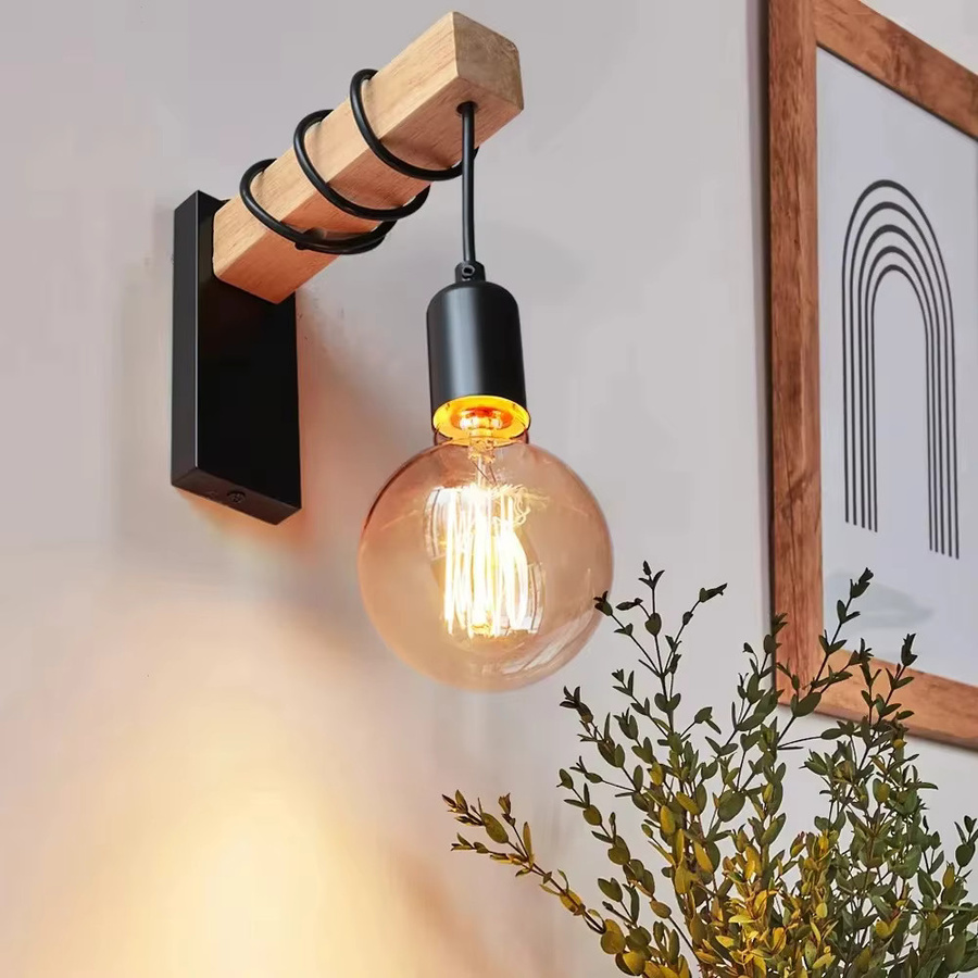 JOYINLED Retro Wandleuchte aus Holz im Industriestil mit E27 Fassung, Schwarz, Warmweißes Licht - Bild 4