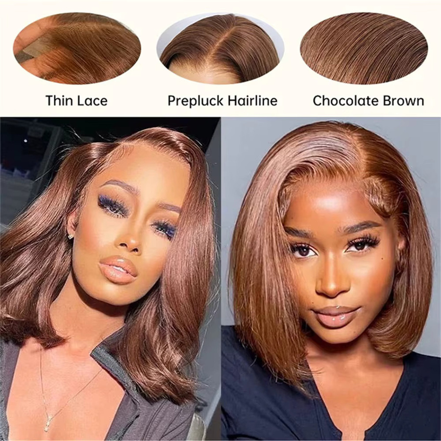 HALOQUEEN HAIR Bob Perücke Echthaar, Schokoladenbraun, Glatt, 180% Dichte - Bild 4
