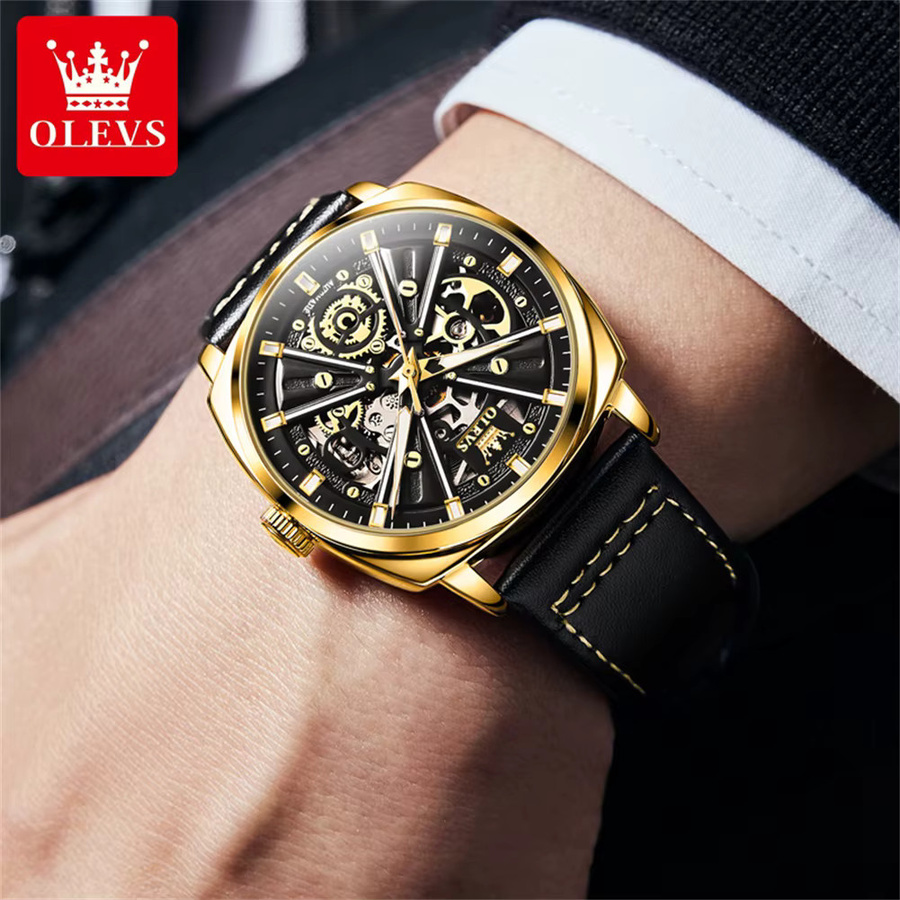 OLEVS Armbanduhr, Automatik, Leder, Schwarz, Gold, Bicolor, Herren - Bild 3