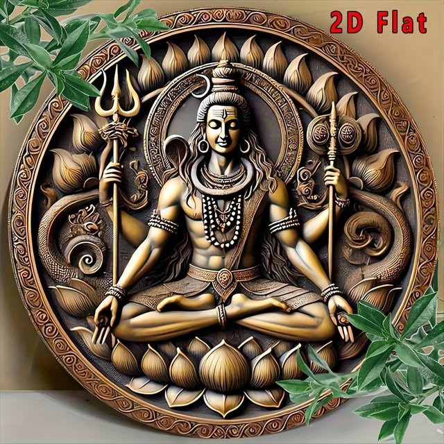 Vintage Wandschild Potdemiel aus Aluminium mit sitzender Shiva-Statue und Lotus-Motiv in Gold, Durchmesser: 20 cm - Bild 1