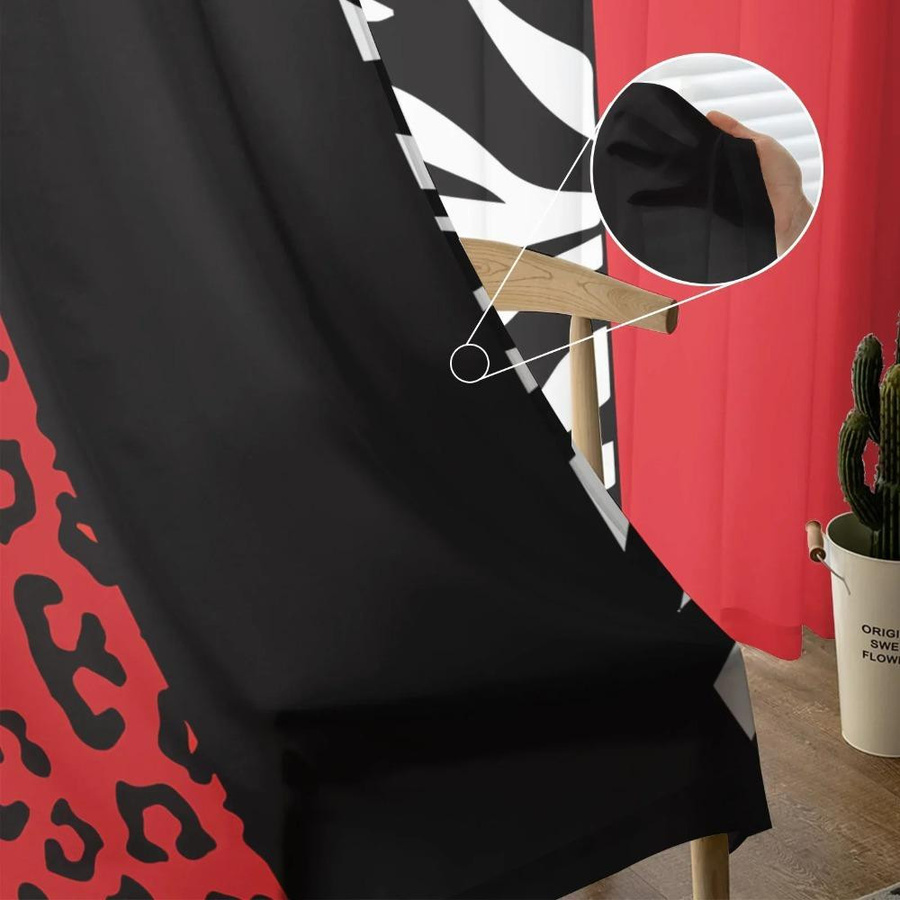 Yiran Furniture Transparentes Tüll-Fensterdekoration mit Zebra-Leopard-Print in Rot und Schwarz, Organza-Vorhang mit Ösen, Breite: 135 cm, Höhe: 115 cm - Bild 2
