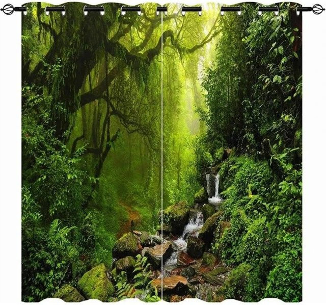 A Family Of Home Textiles Verdunkelungsvorhänge mit Wald- und Wasserfall-Motiv in Grün, 2er-Set, Breite: 70 cm, Höhe: 160 cm - Bild 1