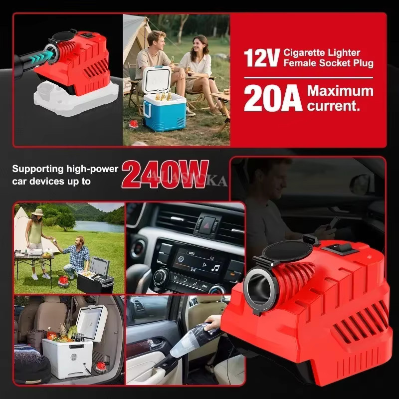 DC 12V Step-Down-Wechselrichter-Netzteil für Craftsman 20V Lithiumbatterien mit USB-A und Typ-C Anschlüssen sowie Zigarettenanzünder-Buchse in Rot - Bild 5