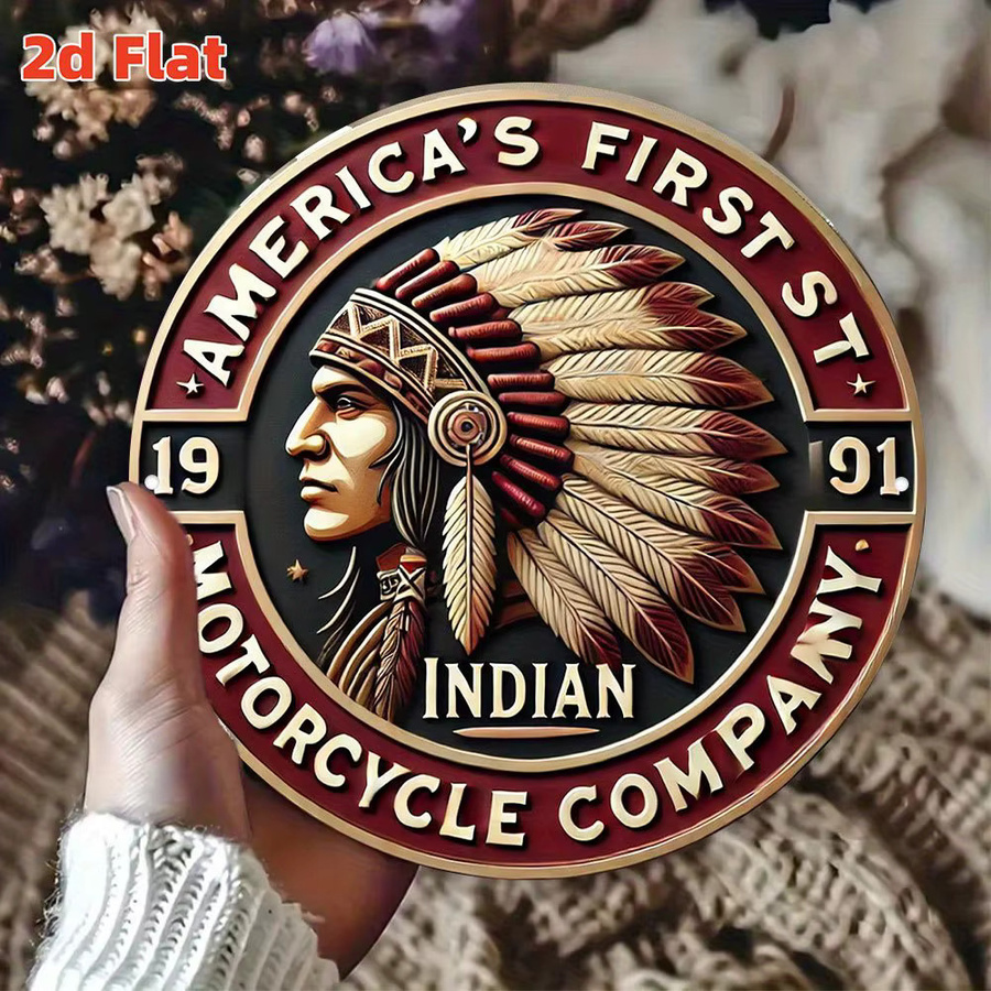 Vintage Indian Motorcycle Co. Logo Metallschild in Rot, rundes Retro-Wandkunst aus Metall, Durchmesser: 20 cm - Bild 5