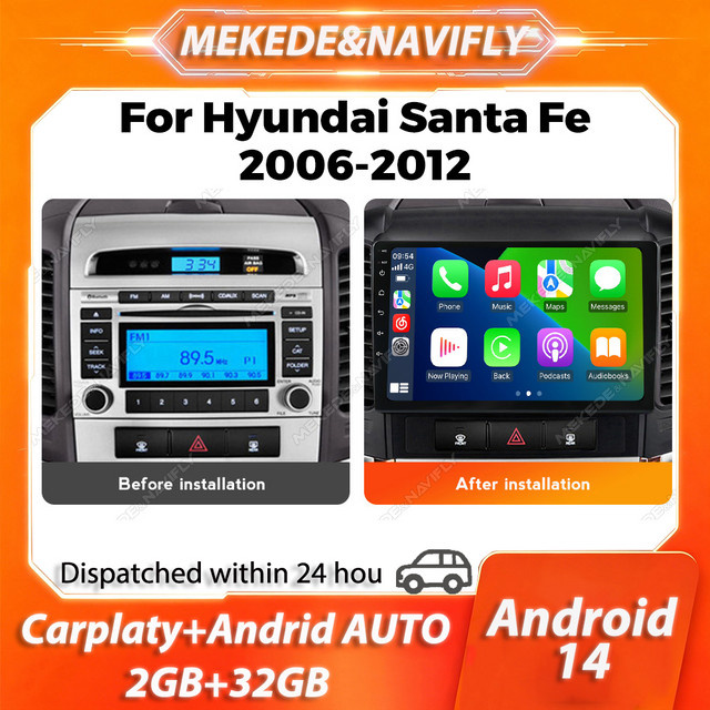MEKEDE Wireless Carplay Autoradio für Hyundai Santa Fe 2 (2006-2012) mit IPS-Bildschirm, GPS und Bluetooth in Schwarz - Bild 1