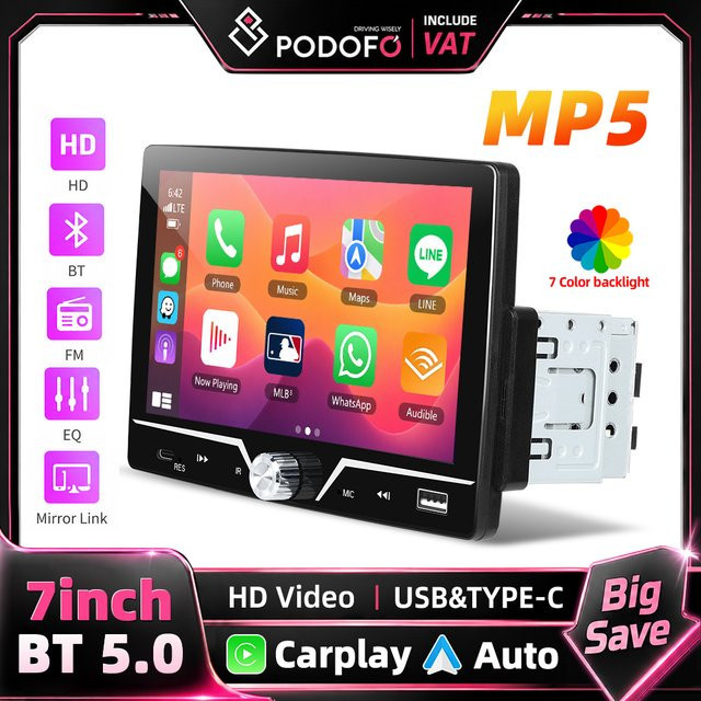 Podofo 7 Zoll 1 Din Autoradio MP5-Player mit Carplay, Android Auto, Mirror Link, Bluetooth und USB Typ-C in Schwarz - Bild 1