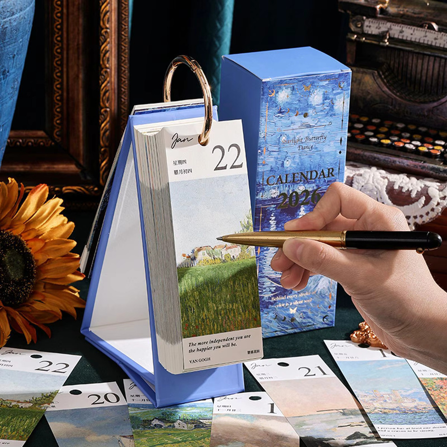 2026 Ölgemälde-Tischkalender mit Ständer, monatlicher Kunstkalender in Blau für Zuhause und Büro - Bild 4