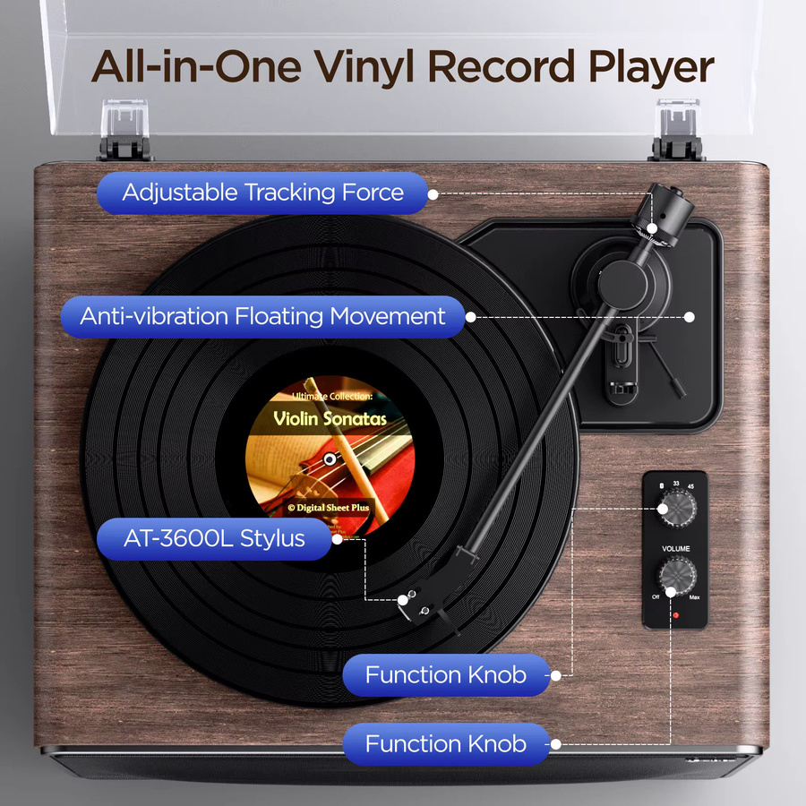 XJ-HOME XJ-H01 All-in-One-Schallplattenspieler mit Bluetooth und HiFi-Stereo-AT-3600L-Stylus in Braun - Bild 2
