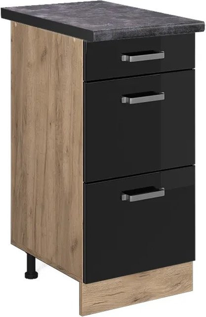 Vicco Küchenunterschrank R-Line in Schwarz Hochglanz und Goldkraft Eiche mit Schubladen und Türen, Breite: 40 cm, Höhe: 81,6 cm, Tiefe: 60 cm - Bild 1