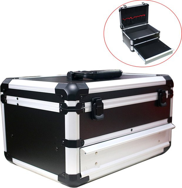 Tragbarer Aluminium-Werkzeugkoffer mit Schubladen in Schwarz, Multifunktions-Werkzeugaufbewahrung und Geräte-Organizer, B/T/H: 39,0 x 27,0 x 22,0 cm - Bild 1
