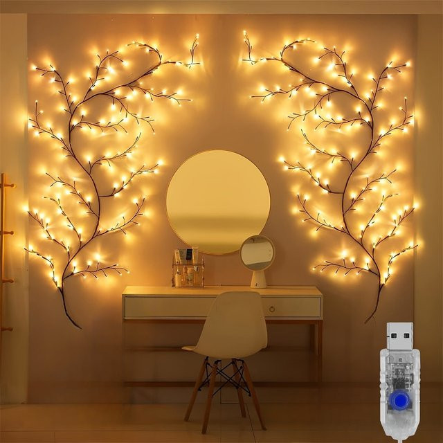 Dekoratives Rattan-Nachtlicht mit 96 warmweißen LEDs, biegbare Weidenrebenlichter im Boho-Stil für Innen und Außen, Farbe: Braun oder Weiß - Bild 1