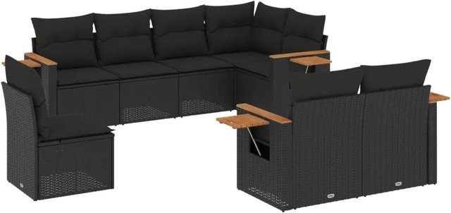 vidaXL 8-teilige Garten-Sofagarnitur in L-Form aus Poly-Rattan und Akazienholz in Schwarz mit Sitzkissen und Rückenkissen - Bild 1