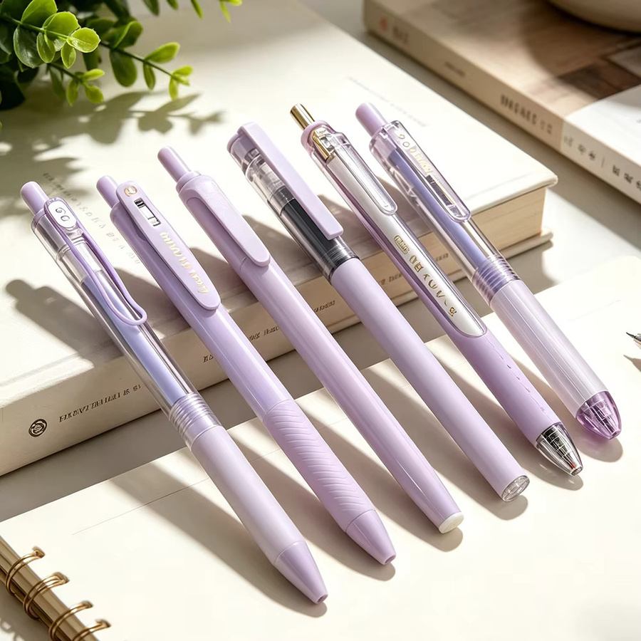 Yueyan 6-teiliges Gelstift-Set in Lila mit 5 schwarzen 0,5-mm-Gelstiften und 1 Textmarker, schnell trocknend für Schule und Büro - Bild 3