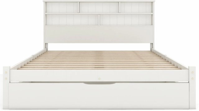 okwish Massivholzbett aus Kiefer mit Schubladen und Bücherregal für das Kinderzimmer, Weiß, B/T/H: 140 x 200 cm - Bild 1