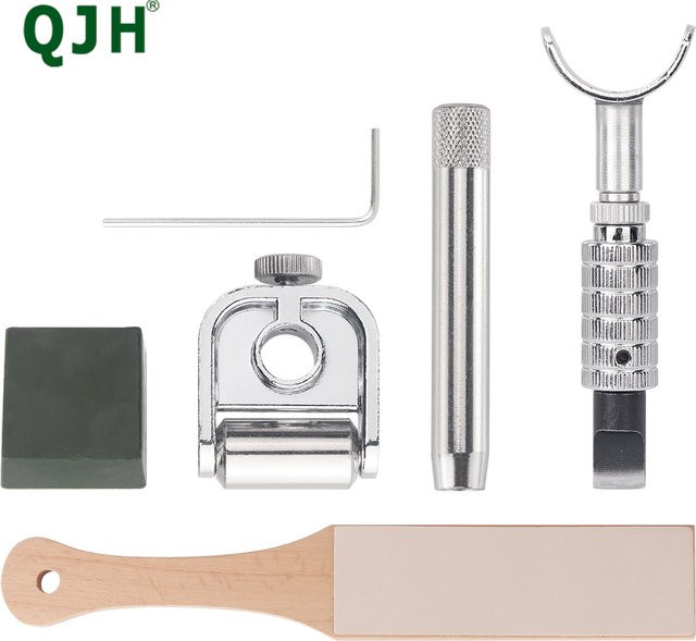 QJH Profi Lederbearbeitungsmesser aus Edelstahl mit Drehgelenk, Lederstreifenset inklusive Schleif- und Polierpaste, Silber - Bild 1
