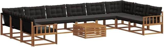 vidaXL Outdoor-Sofagarnitur 11-tlg. in U-Form aus Akazienholz mit Textilene und Kissen, Schwarz/Natur - Bild 1