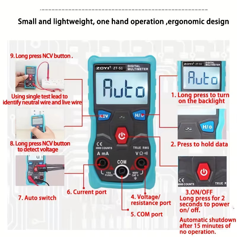 Zoyi ZT-S1 Digitalmultimeter mit NCV-Testfunktion für AC/DC Messungen in Blau - Bild 3