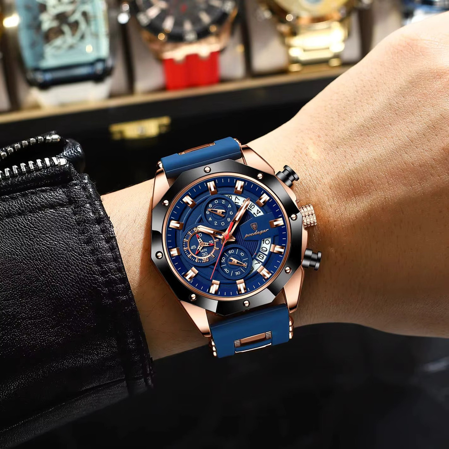 POEDAGAR Armbanduhr Chronograph, Quarz, Silikon, Schwarz, Herren - Bild 6