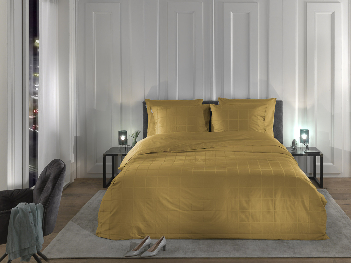 Heckett & Lane Mako-Satin Bettwäsche Diamante Amber Gold, Wende Karo, B/H: 200 x 200 cm mit Kissenbezug 80 x 80 cm - Bild 1