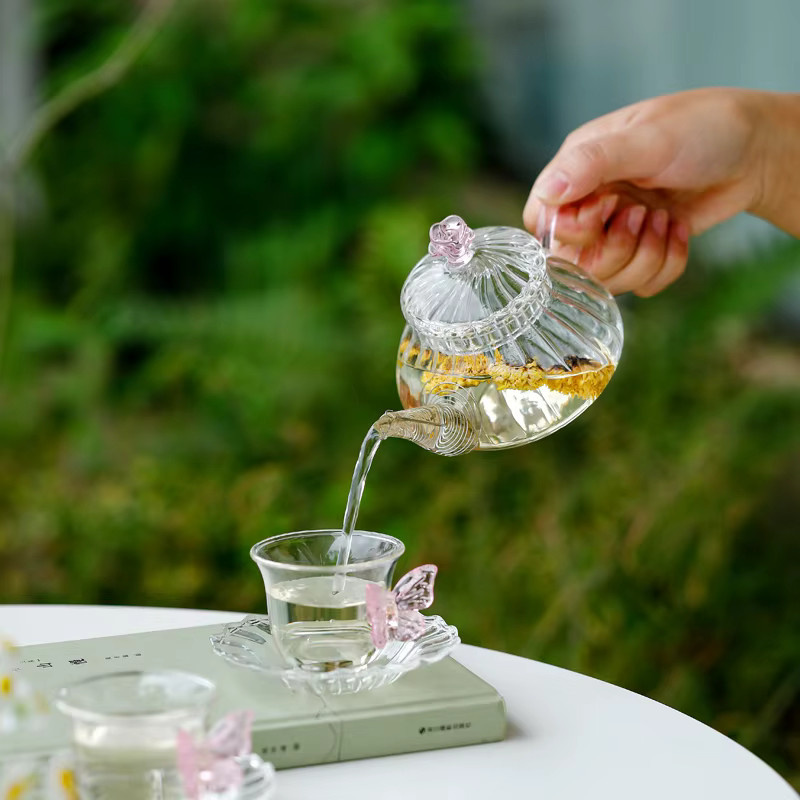 Mundgeblasene Wärmeglas-Blumen-Teekanne aus transparentem Glas mit Teesieb für losen Tee - Bild 3